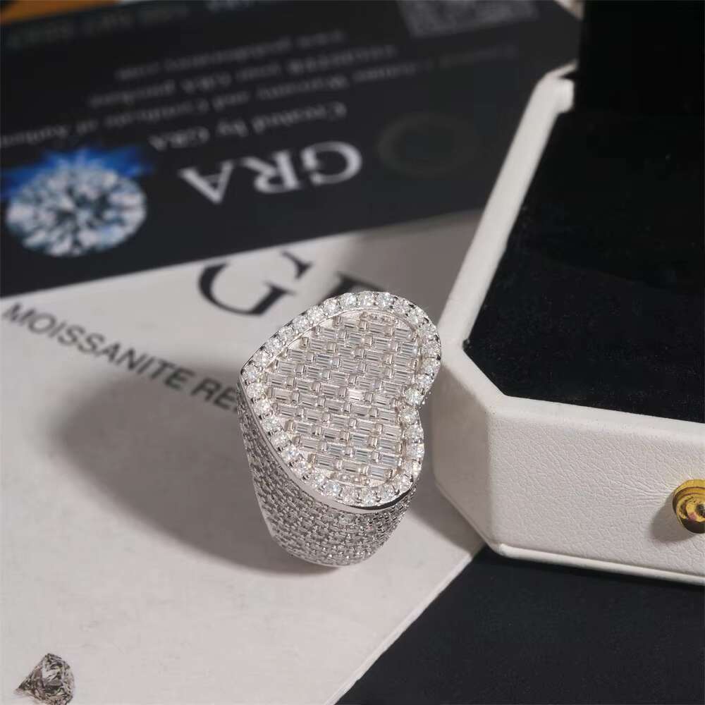 Baguette Silver Plated Hip Hop Style VVS Moissanite Jewelry Heart Shape Custom Iced Out Ring 925 Silver Diamond Rings Women Men
