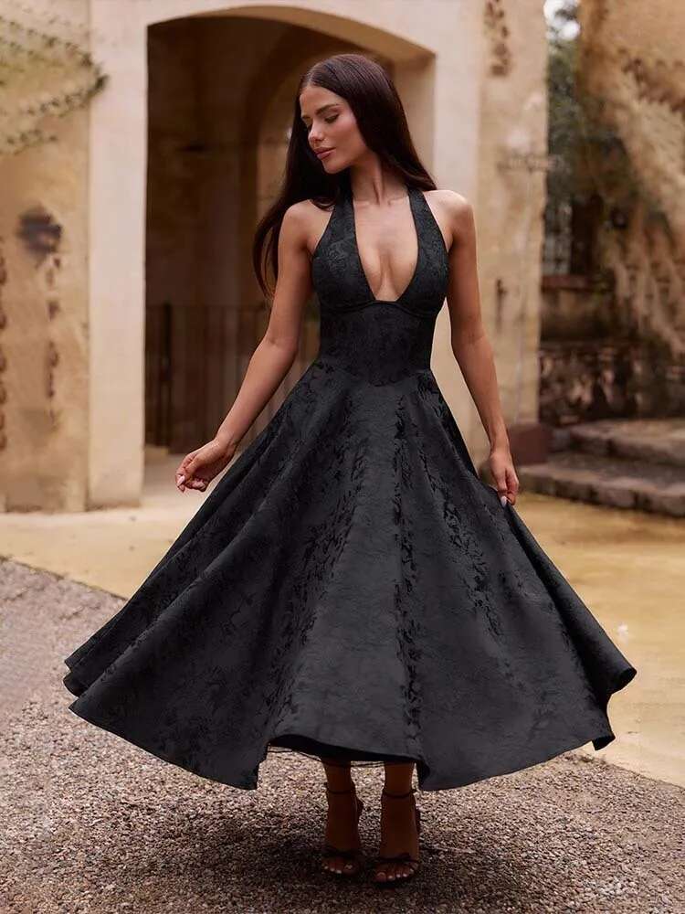 Dongdumaoyi Townlike Jacquard Elegant Waist Wrap A Line Dress Women Halter Spring Summer Midi Long Backless Sexy Party Dresses