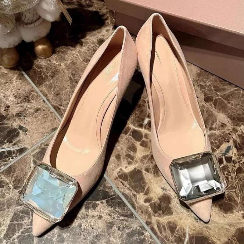 Spring and Summer New Pointed Shallow Suede Crystal Single Shoes Fine High Heel Banquet Large Small size Rhinestone Women Sandal