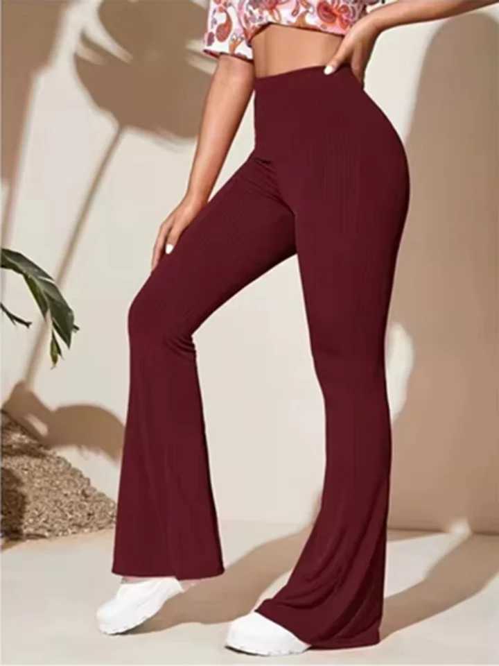 Elastic solid color bell bottoms womens fashionable yoga pants autumn wide leg pantsC250425