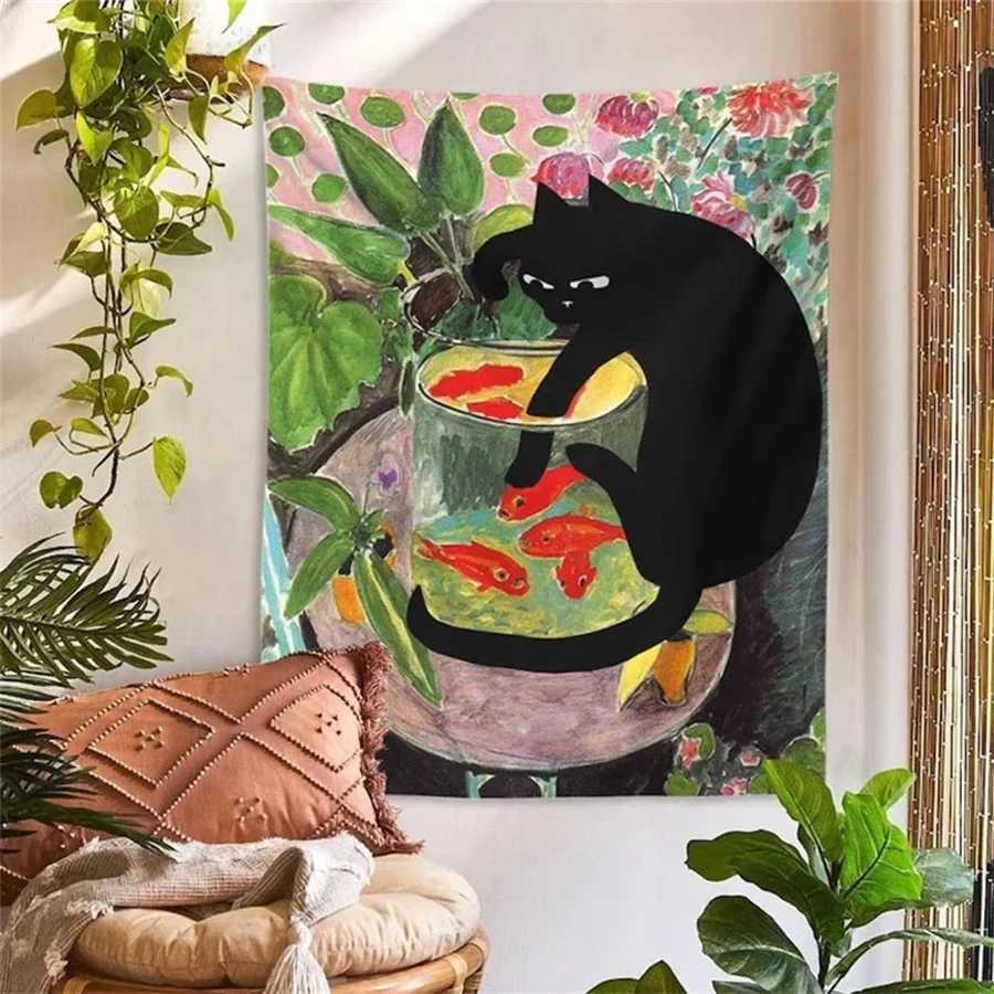 1pc CURIOUS KITTY Tapestry Wall Hanging Cat Goldfish Aesthetic Room Decor Tropical Plants Art Painting Print Dorm Bedroom GiftM251125