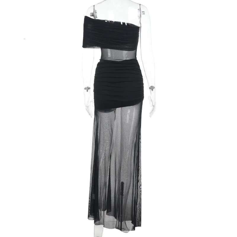 Dongdumaoyi Townlike Perspective Mesh Pleated Sexy Party Dress Women One Shoulder Spring Summer Maxi Long Slim Bodycon Dresses