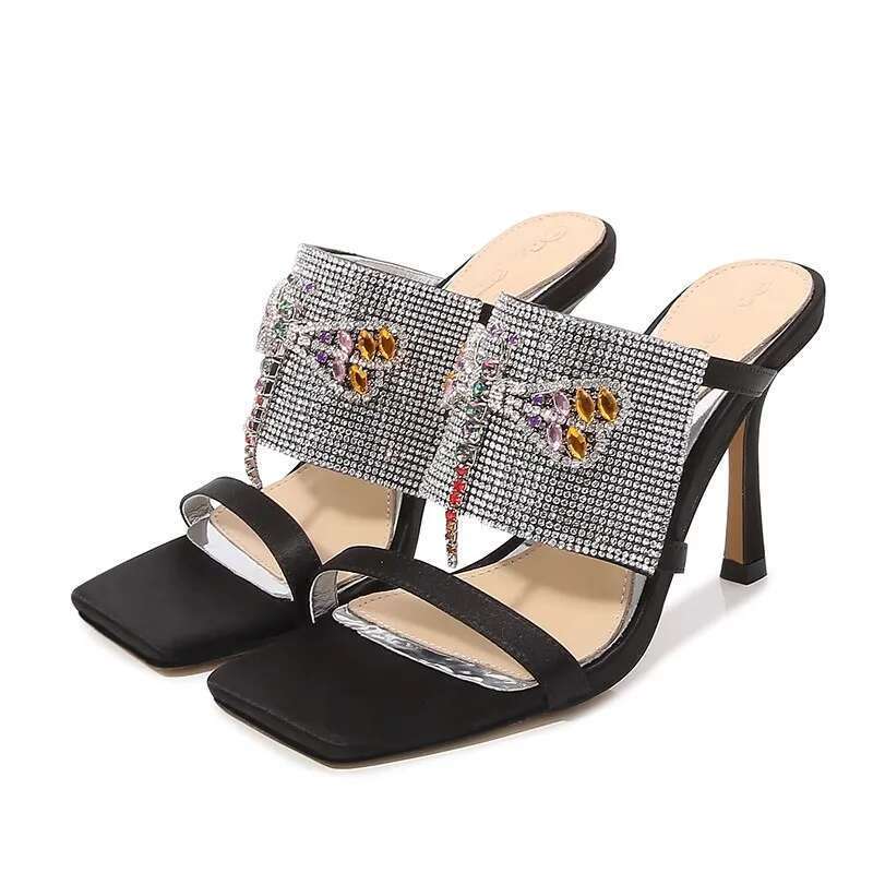 Summer new square toe transparent PVC rhinestone fashion wedge slippers thin high-heeled banquet dress large size women's sandal