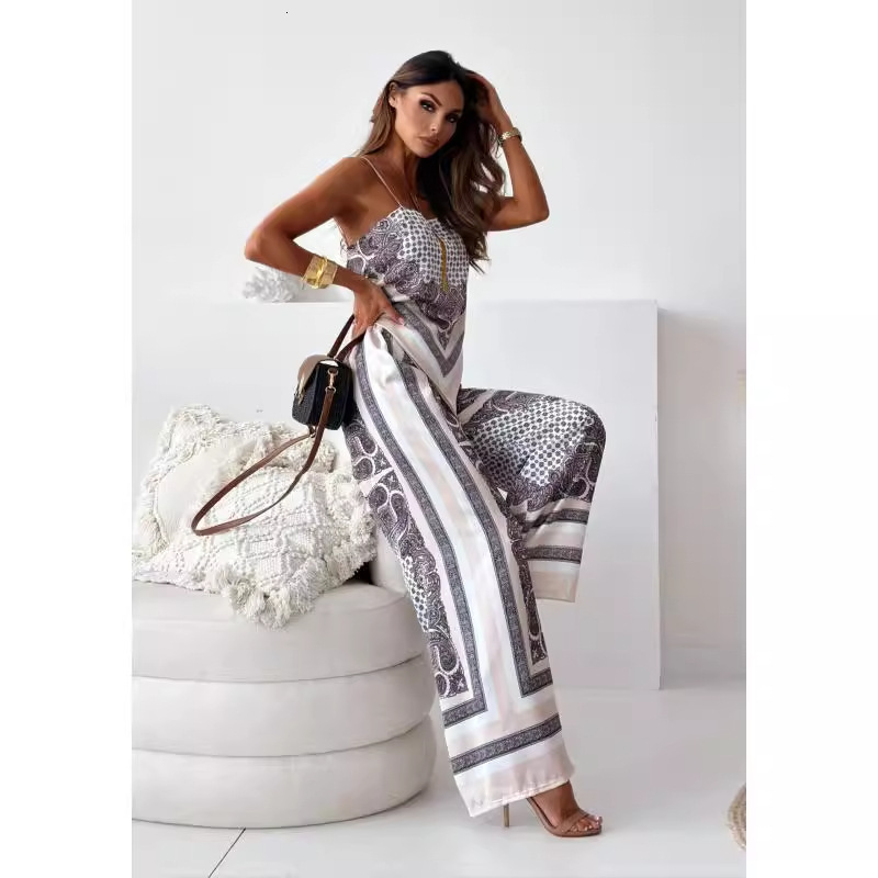 2024 New Fashion Printed Strap Wrap Chest+Positioning Flower Pants Set for Womens Wear