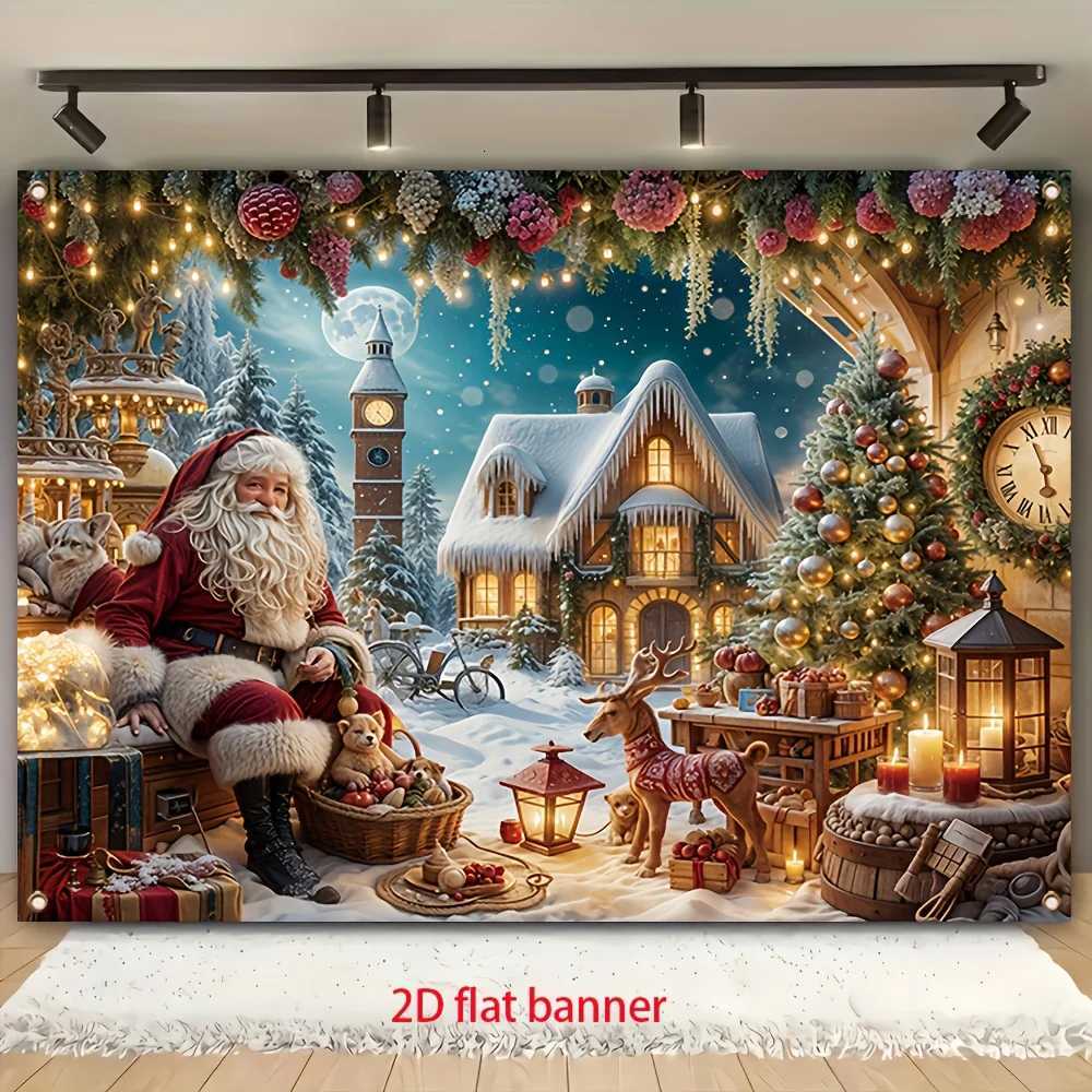 tapestry Festive Christmas - Durable Polyester Santa Claus Gingerbread House Scene with Snowy VillageM251125