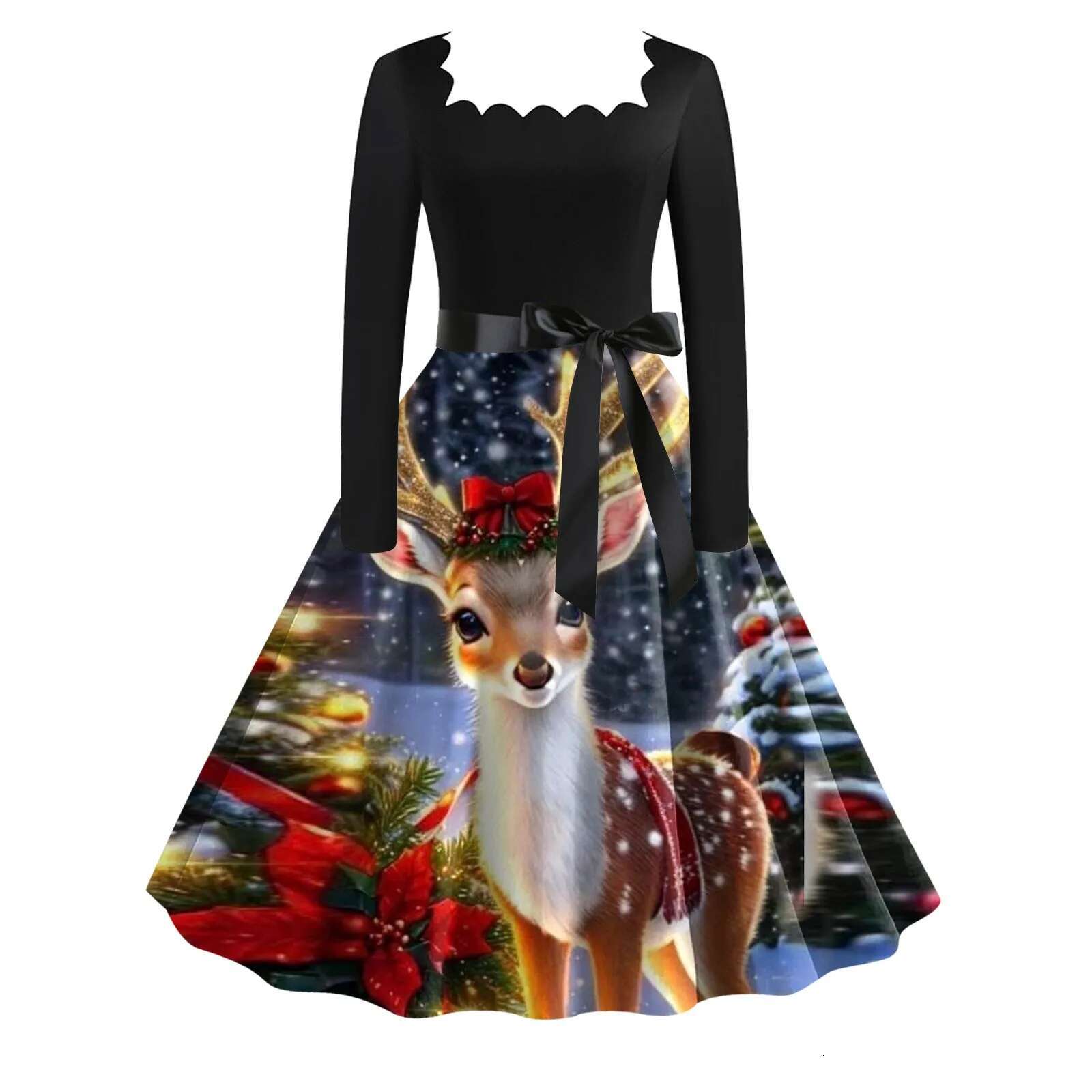 Dongdumaoyi Christmas Dress Women Vintage Long Sleeve V Neck Floral Print Elegant Xmas Party Prom Sundress Winter Clothes Rockabilly