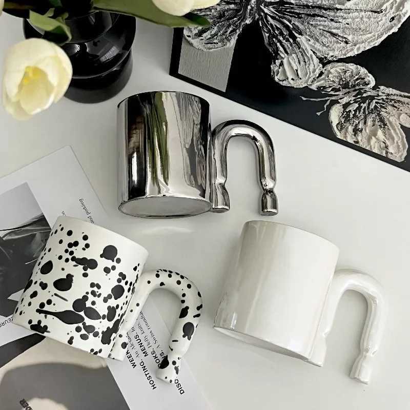 Modern Electroplating Silver Ceramic Mug Art Irregular Shaped Coffee Cup Couple Mug Office Drinking Cup Birthday Gift Decoration Y251125