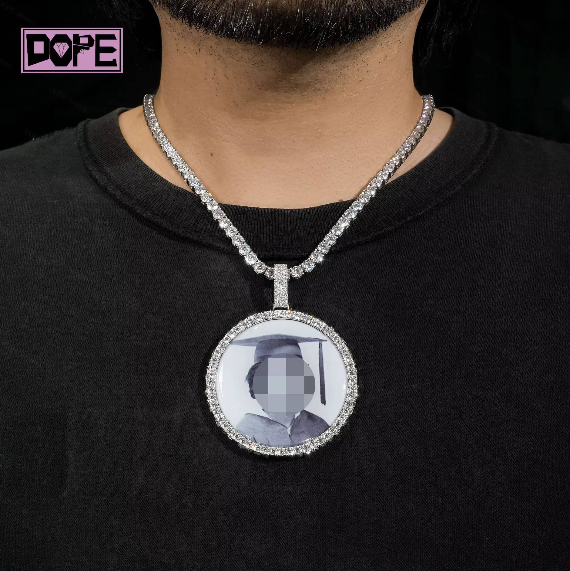 Custom Pendant Round Memory Picture Frame Charm 925 Silver Hiphop VVS Iced Out Moissanite Photo Pendant