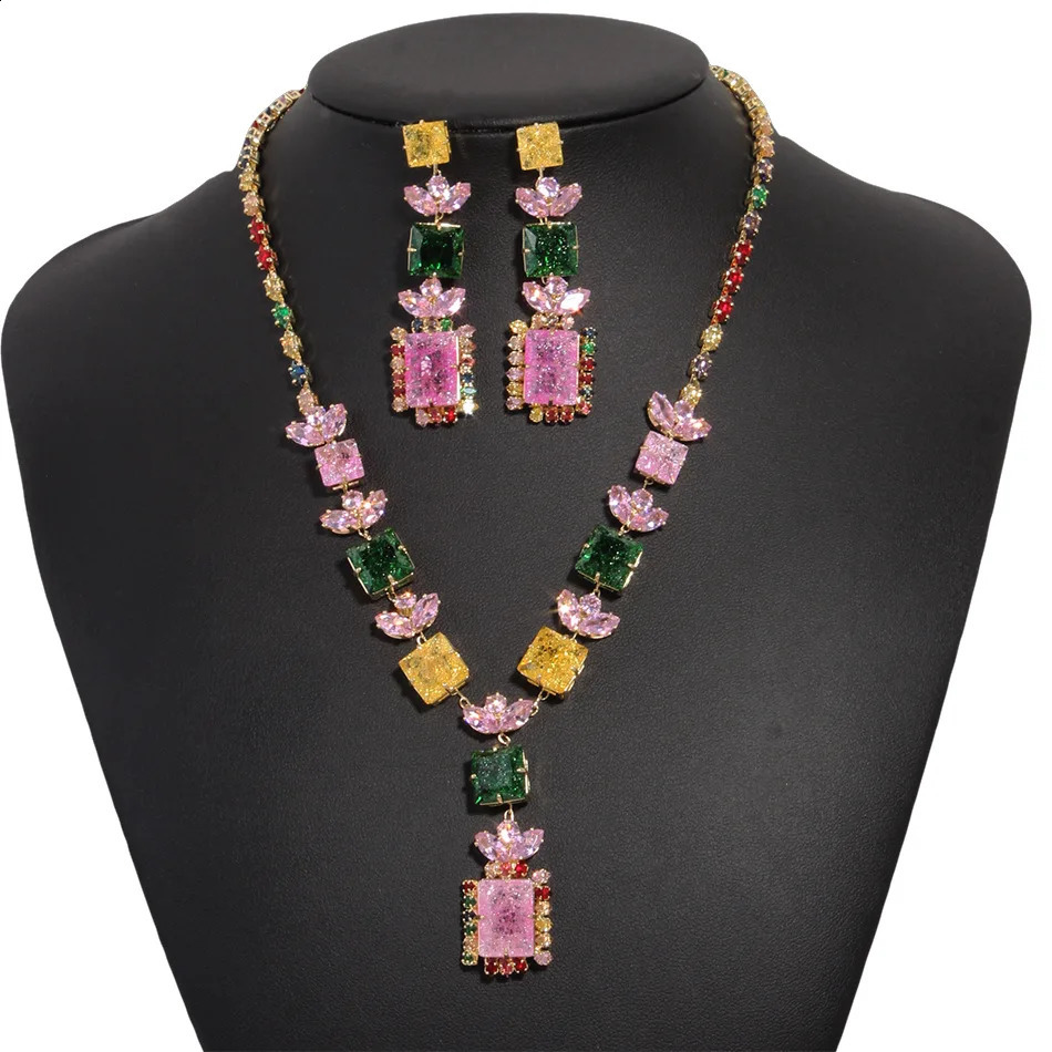 Women Rainbow Gemstone Necklace 18K Gold Plated Waterdrop Zirconia Earrings 2024 250417