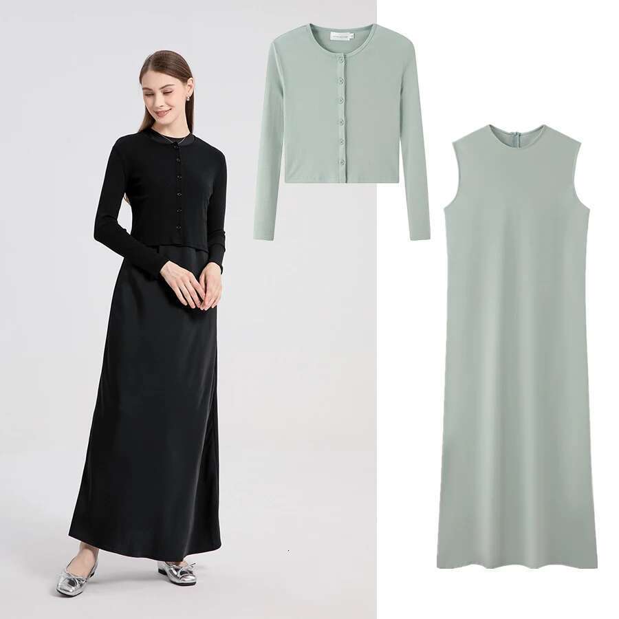 AS 2024 Woman Clothing High Stretch Ribbing Closed-Fit Wrap Tops + Matte Satin Dress Maxi Matching Sets (Ship Out In 1 Day)