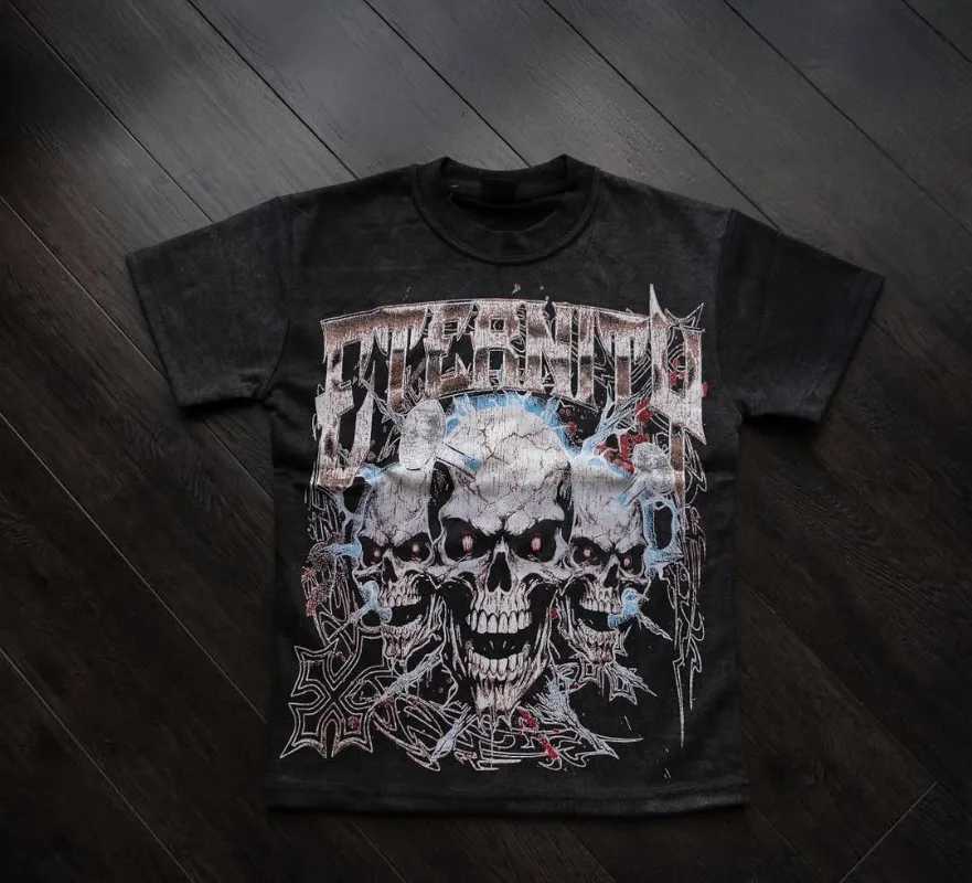 New American dark retro T-shirt skull print casual loose ultra-fine short sleeved fashionable high street round neck mens clothing W250425
