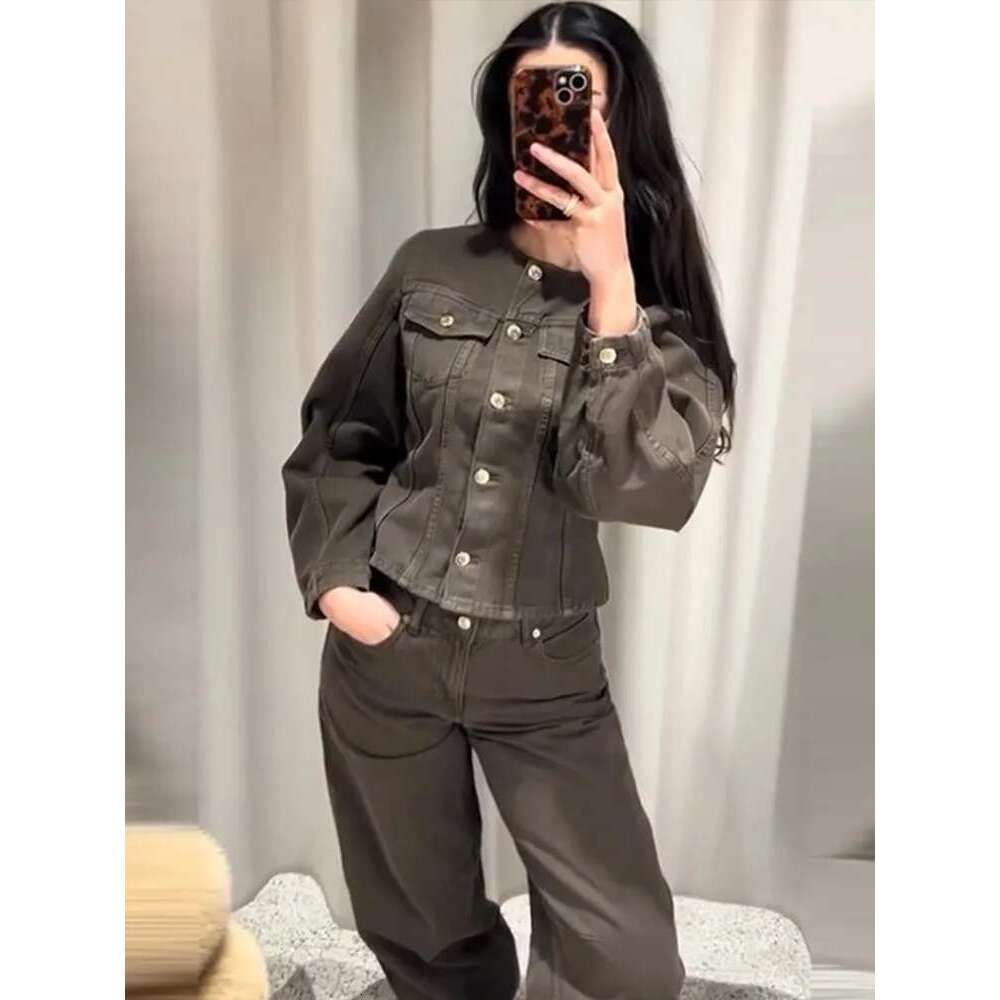 Denim Crop Pants Sets Women Vintage O-Neck Single Breasted Jackat Wide Leg Trousers Suits 2025 Spring Fashion Street Lady Outfit
