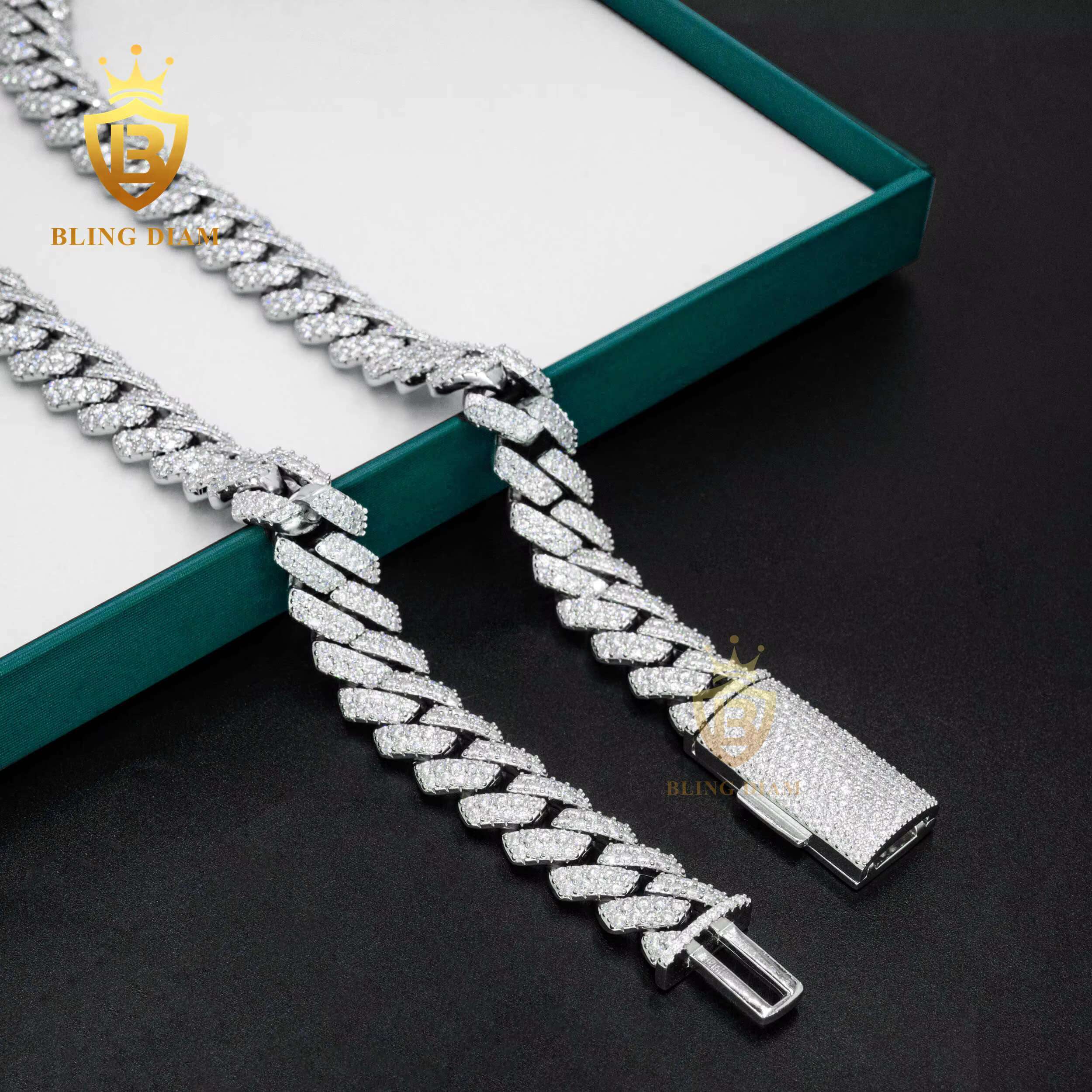 GRA Certificate Miami Cuban Chain 15mm Silver Iced Out Moissanite Cuban Link Chain Hip Pop Jewelry