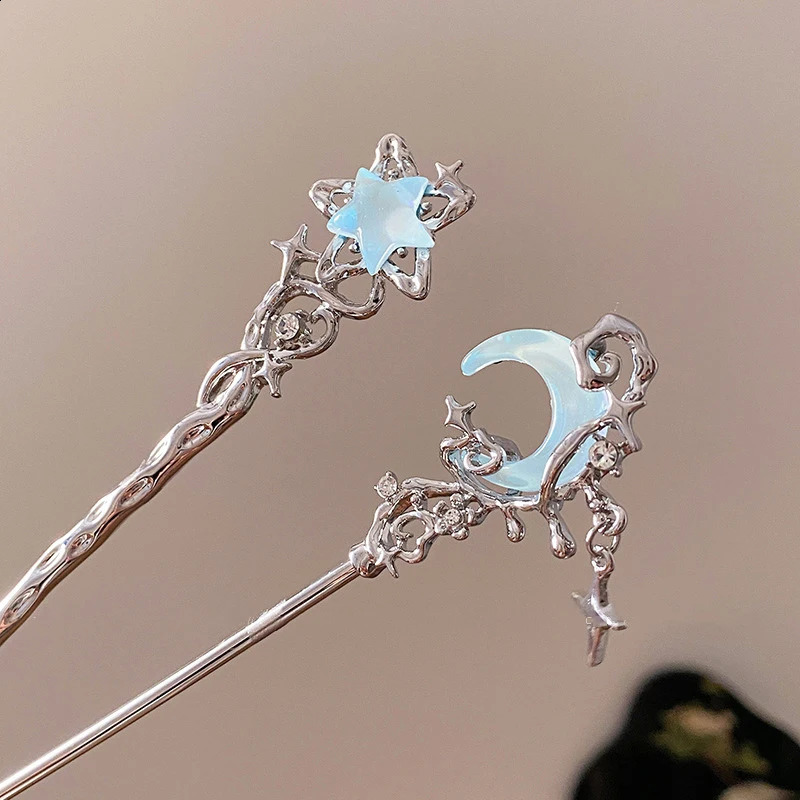 Romantic Moon Stone Star Hair Stick Metal Branch Clip Chinese Style Girl Jewelry 250417