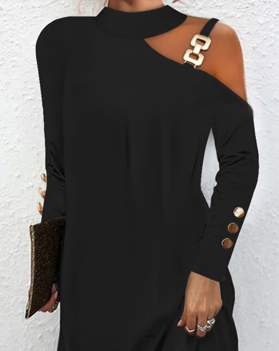 2023 Autumn Simple Metal Button Hanging Neck Button Dress for Women