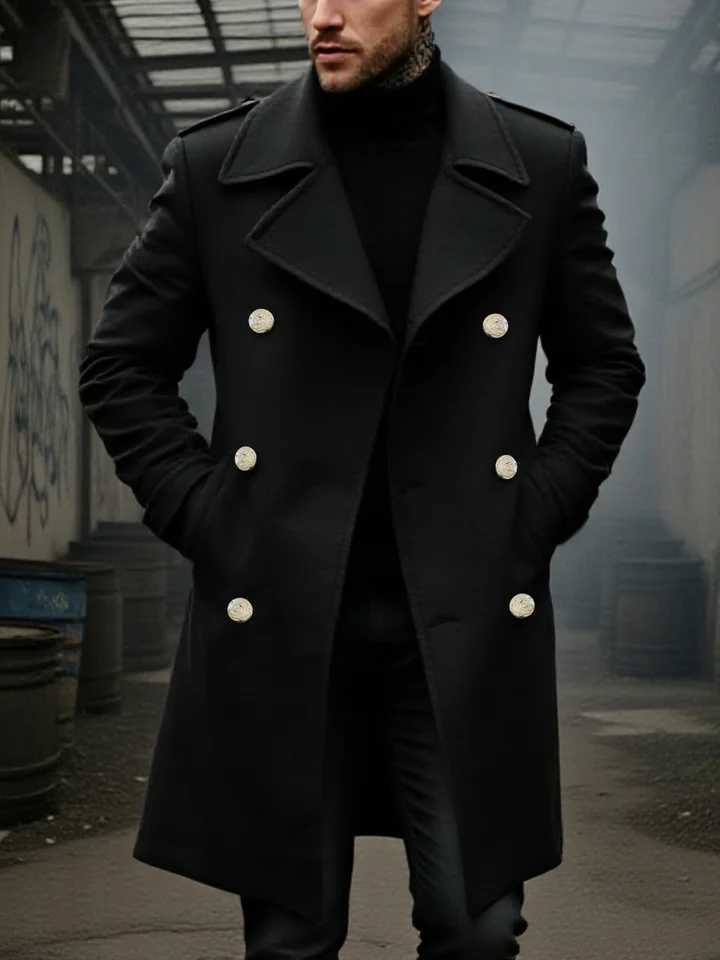 Mens Single-Breasted Wool Coat Thickened for Winter Trench Style Professional LookT251125