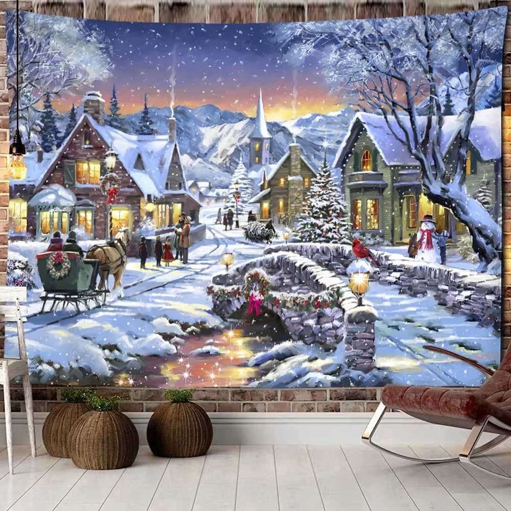 Christmas Woods Snow Scene Tapestry Wall Hanging New Year Gift Elk Bohemian Style Bed Curtain Dormitory Home DecorM251125
