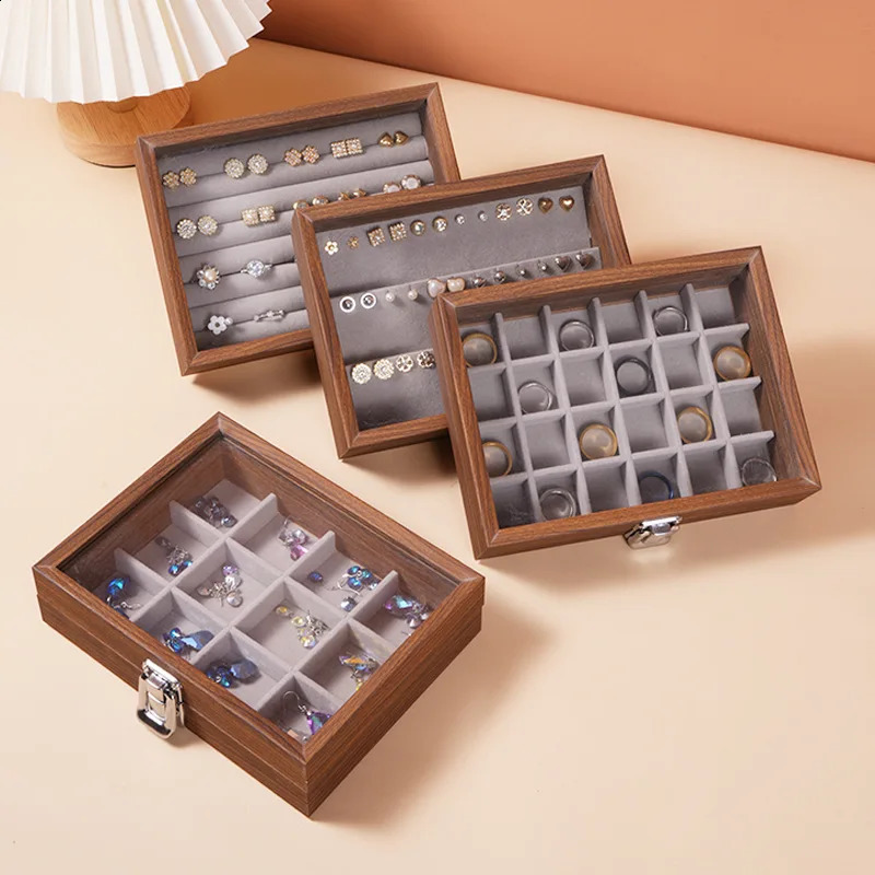 Black Walnut Wood Grain Solid Wood Jewelry Storage Box Dust-proof Belt Lid Jewelry Box Bracelet Ring Earring Necklace Box 250424