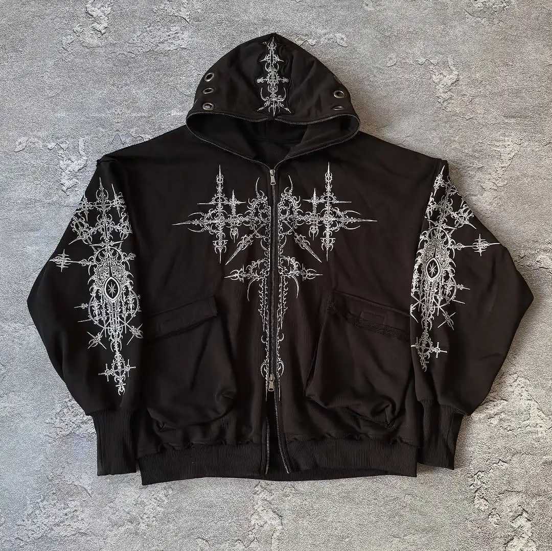 American Hot Black Gothic Line Pattern 3D Hollow Design Black Hoodie Mens Loose Street Hip Hop Trendy Clothing w250425