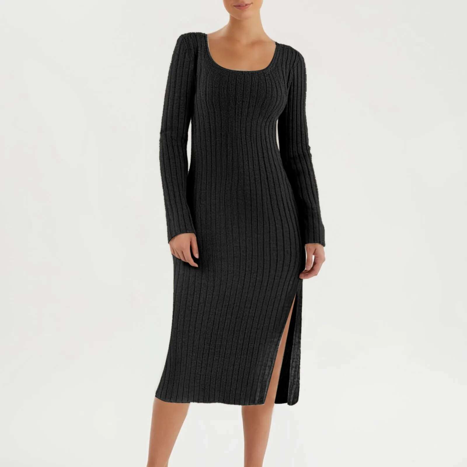 Dongdumaoyi Women S Sundresses Casual Long Sleeve Square Neck Midi Dress Knit Side Slit Ribbed Dresses Summer