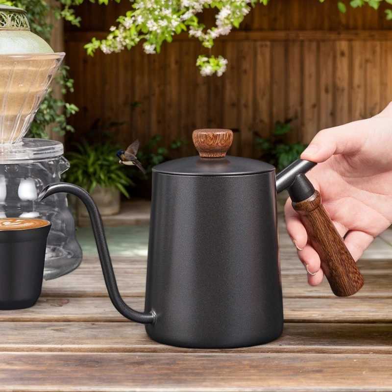 Hand Drip Kettle White Coffee Black Long Spout Goose Neck Stainless Steel Wooden Handle Drip Flow Regulator for Coffe C251125