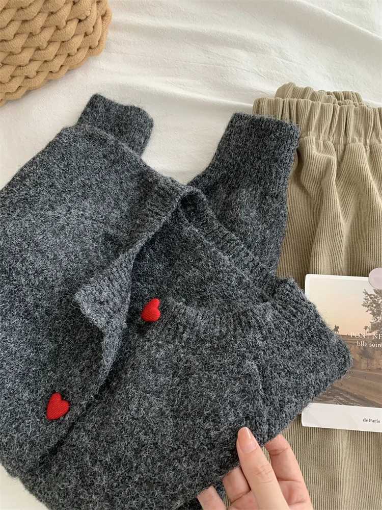 Zjaiss 2025 Deep Grey Wool Knitted Cardigan For Women In Autumn Winter Soft And Sticky Warm Sweater Love Buckle Shoulder SleevesT251125