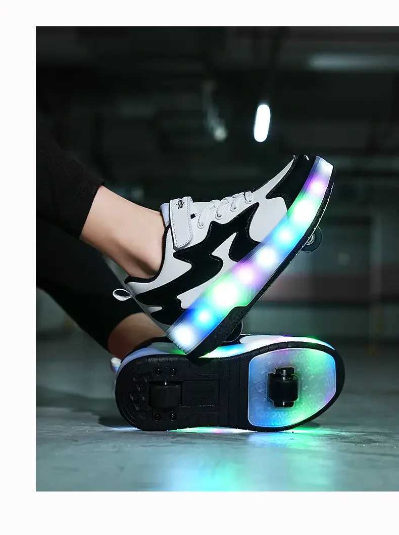 Childrens USB charging roller shoes with glowing sports shoelaces and wheels childrens roller skateboarding shoes W250425