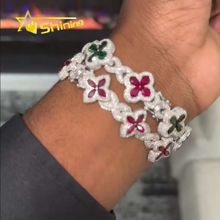 Top Quality Hip Hop Clover Color Diamond Marquise 925 Sterling Silver VVS Moissanite Bracelet