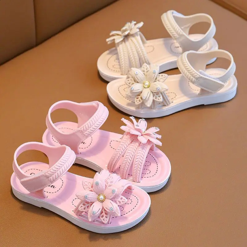 Fashionable and cute solid color floral decoration open toe sandals suitable for girls breathable and lightweight beach 250424