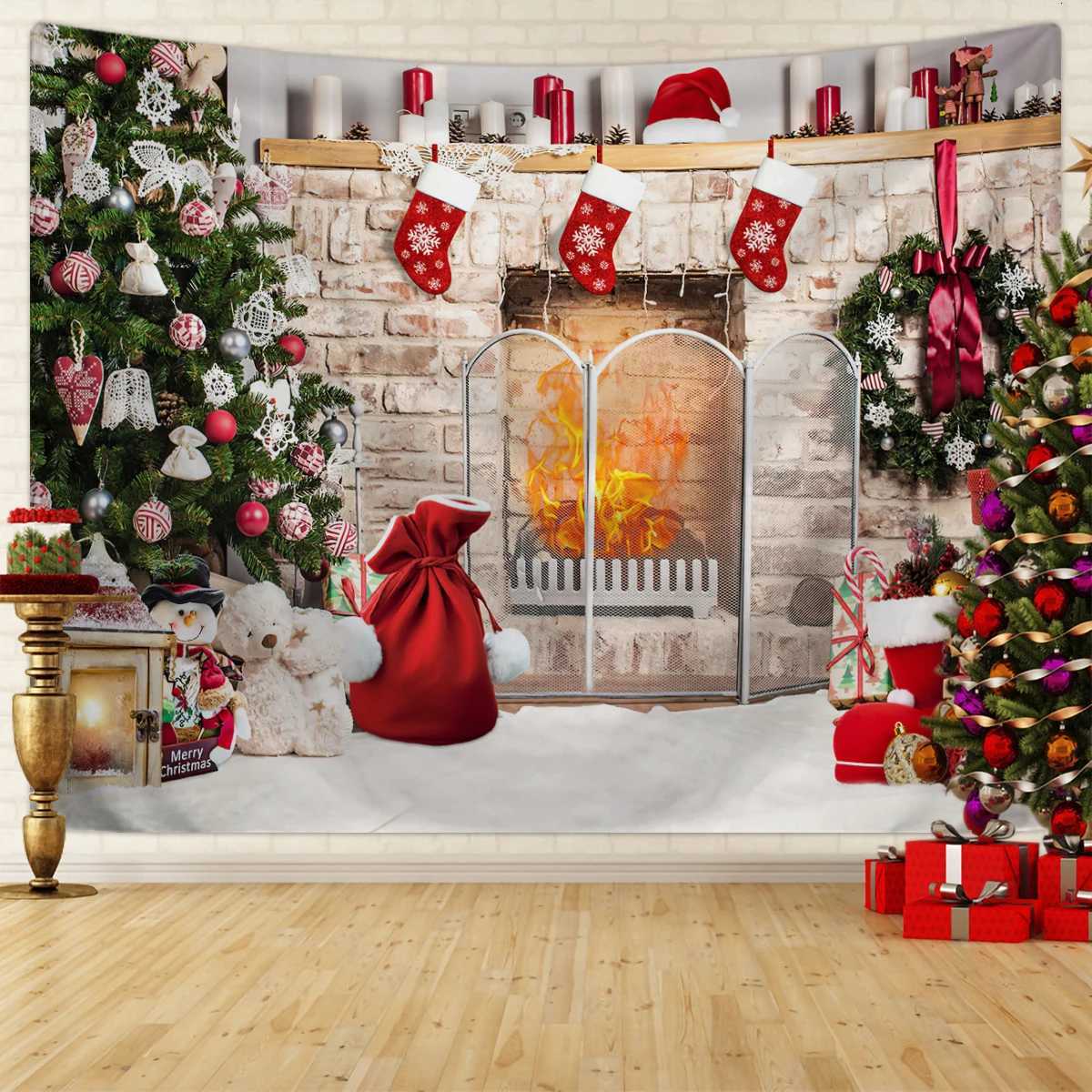 1pc Christmas decorative tapestry Christmas fireplace tapestry Christmas tree activity photography background hanging clothM251125