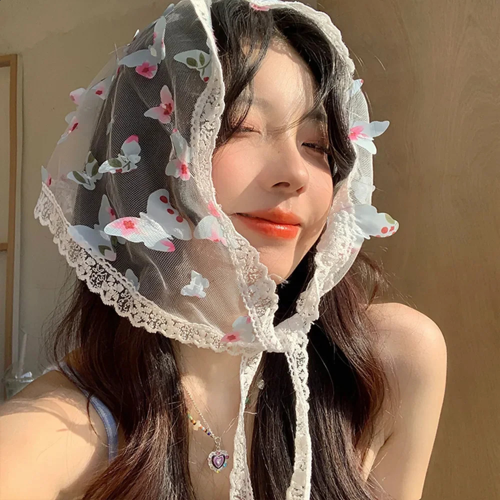 Cute Butterfly Lace Triangle Hair Scarf Suitable for Women White Bandanas Hair Spring and Summer Headwear Girl Hair Accessories 250423