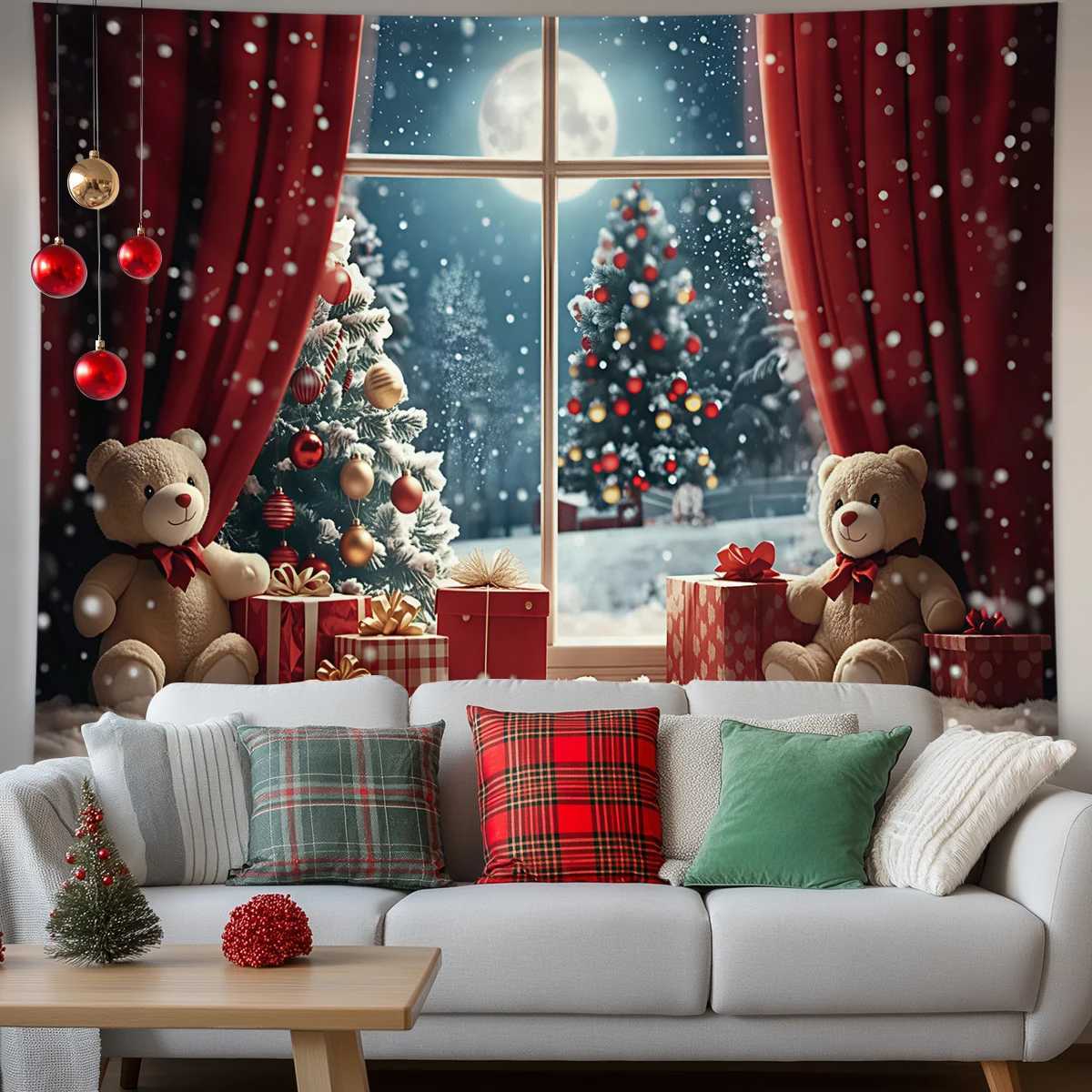 1pc Christmas red curtain teddy bear gift pattern tapestry New Year photography background tapestry aesthetic wall hangingM251125