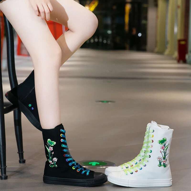 Spring new color lace-up side zipper medium-sized printed canvas flat inner heightening casual large size women's shoes