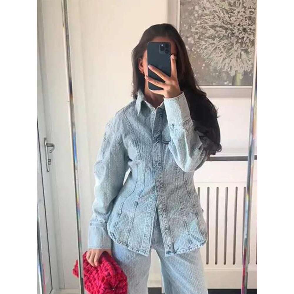 Vintage Women's Distressed Textures Denim Suits Set Light Washed Blue Waist-Tighting Jacket Matching High Waist Wide Leg Jeans