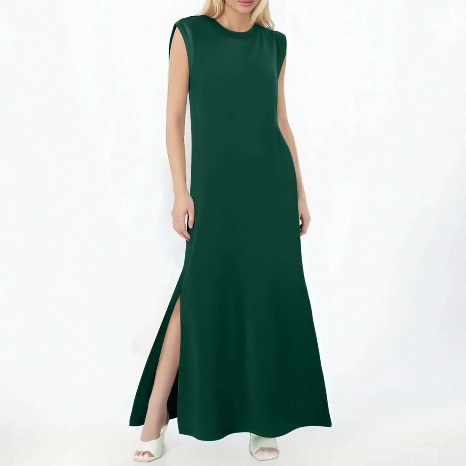 Dongdumaoyi Summer Dress For Women Casual Solid Color Side Split Flowy Long Short Sleeve Crew Neck Beach Sundress Vestidos