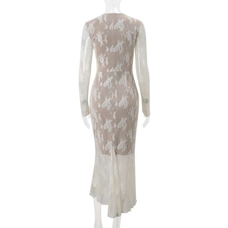 Dongdumaoyi Townlike Floral Lace Mermaid Midi Long Dress Women Autumn Winter Hollow Out Nightclub Sexy Party Dresses With Lining