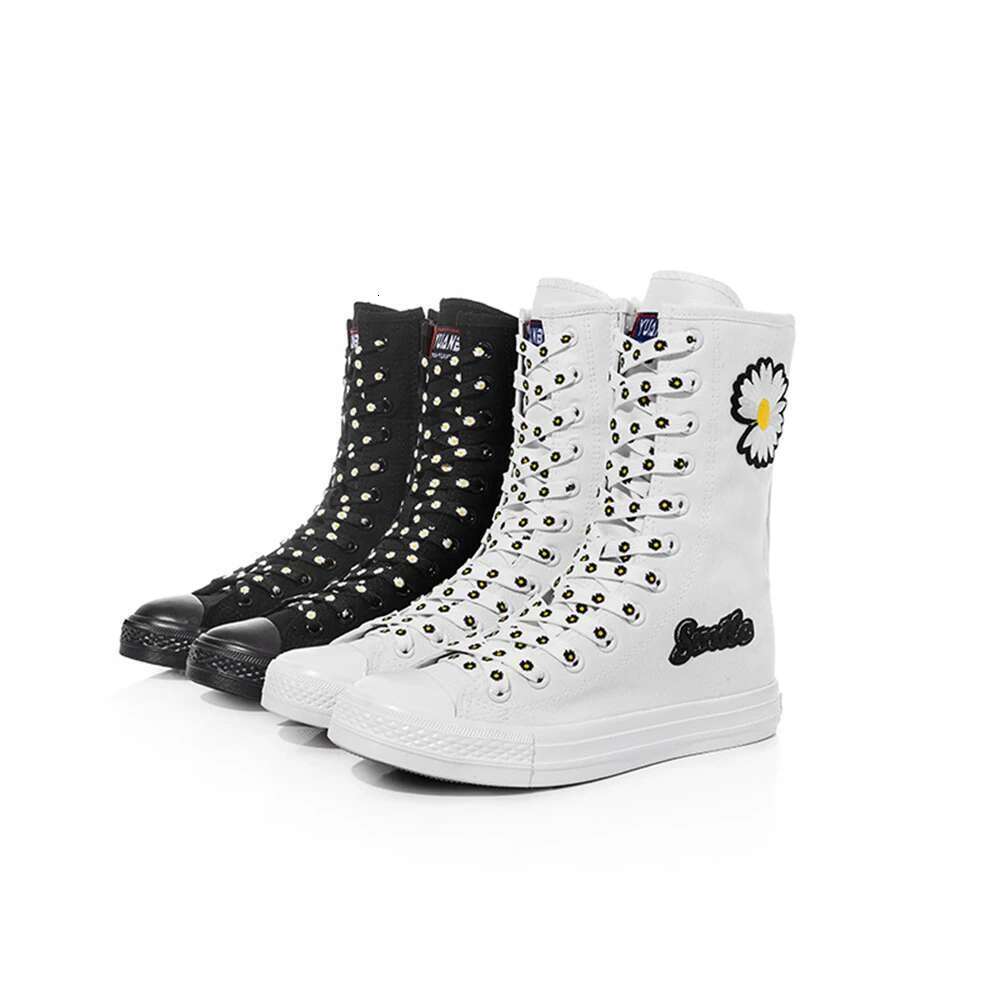 Spring and Autumn New Style Medium Embroidery Inner Heightening Casual Straps Knee Boots Soft Sole Flat Large Canvas Women Shoes