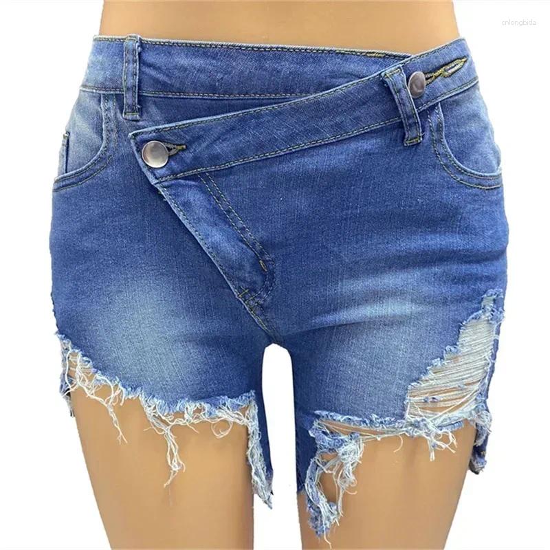 CNLONGBIDA Women's Shorts Fashion Slanted Waist Button Splicing Denim Women Summer Broken Holes Tassel Three Quarter Pants Female Casual Mini Jea