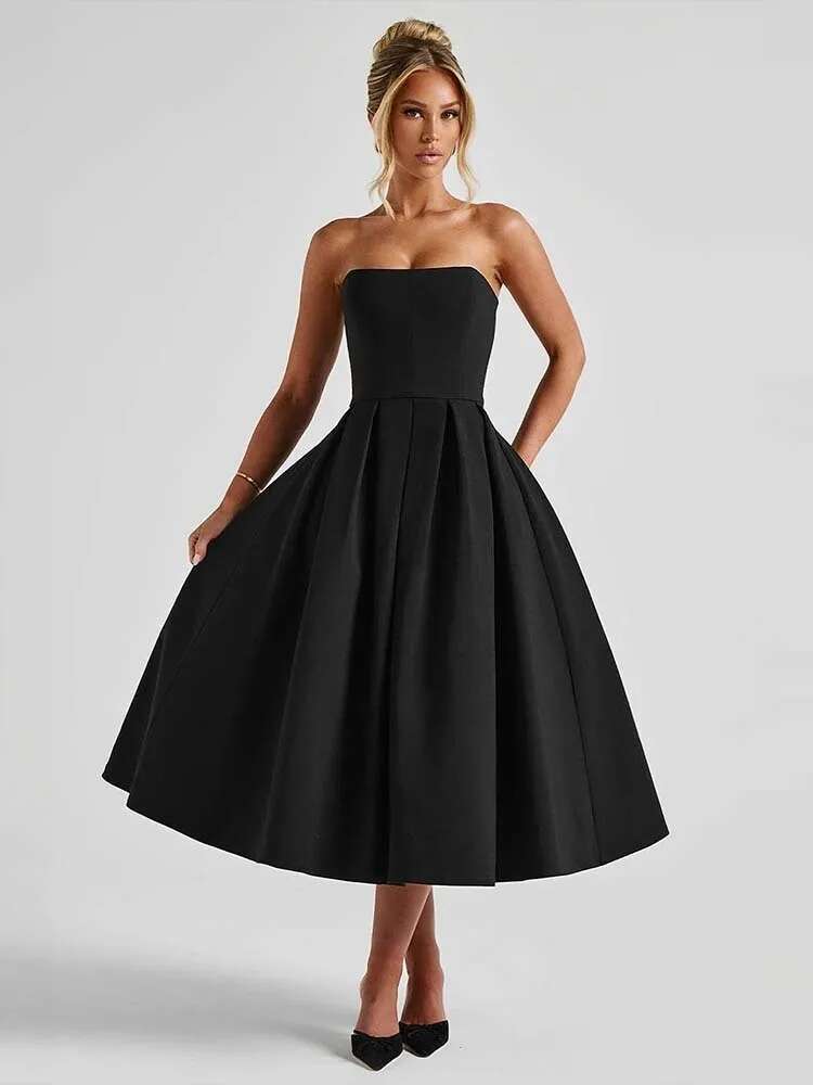 Dongdumaoyi Townlike Waist Wrap Pleated A Line Midi Long Dress Women Spring Summer Backless Nightclub Sexy Party Dresses