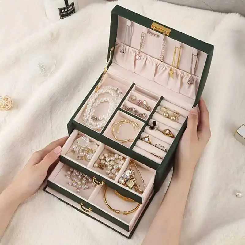 Three Drawer Handheld Jewellery Box Earring Ring Necklace Storage Box PU Leather Jewellery Display Box With Security Key Lock 250424