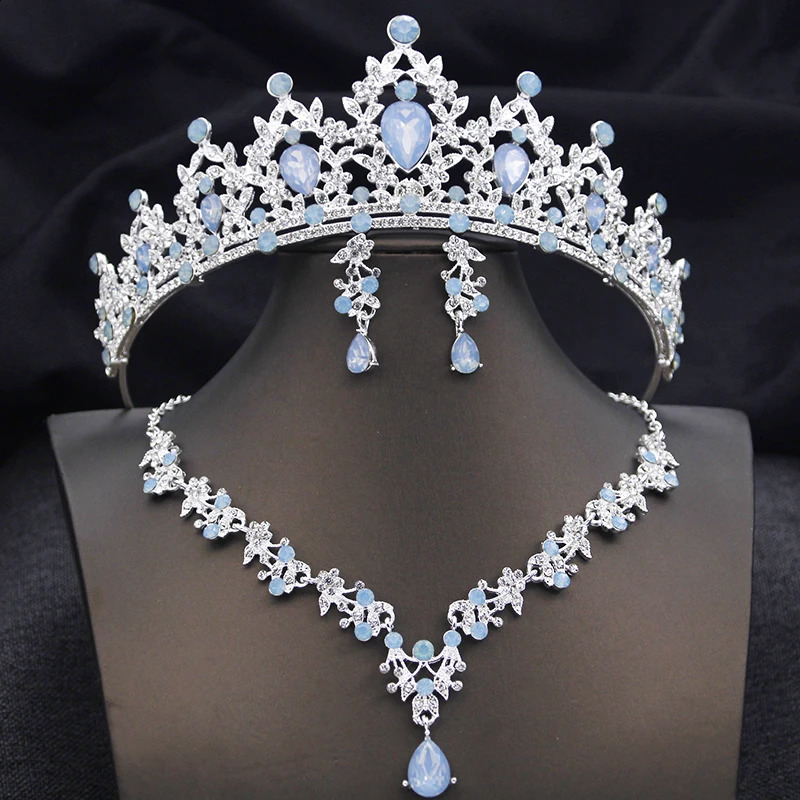 Opal Blue Tiaras Sets Bridal Jewelry Set for Princess Wedding Crown and necklace earring Prom Birthday Dress Costume Accessories 250417