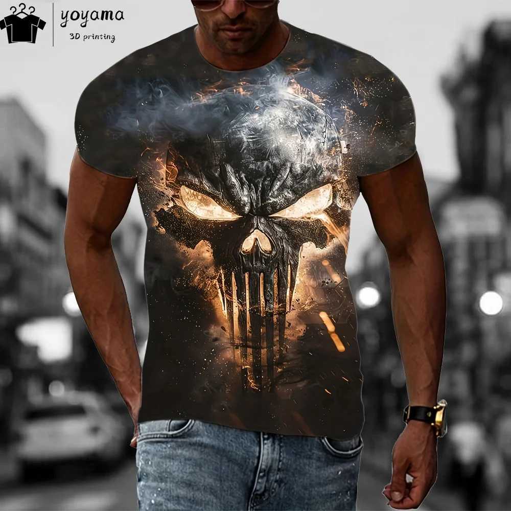 Summer flame skull print mens retro style mens clothing short sleeved T-shirt horror skull 3D printed graphic T-shirt W250425