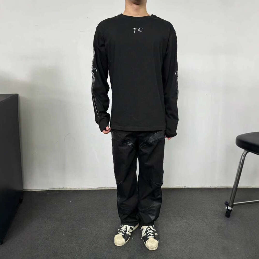 Ten thousand needle embroidery THUG CLUB and sword print long sleeved T-shirt trendy brand versatile casual loose base shirt for men