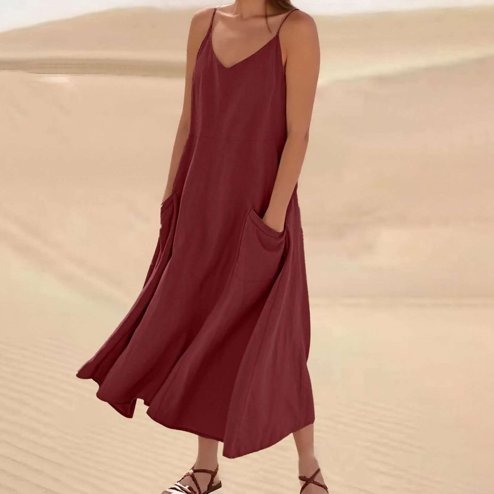 Dongdumaoyi Sleeveless Suspenders Dress Women Side Double Pocket Splicing Solid Color Dresses Summer Casual Commuter Gown