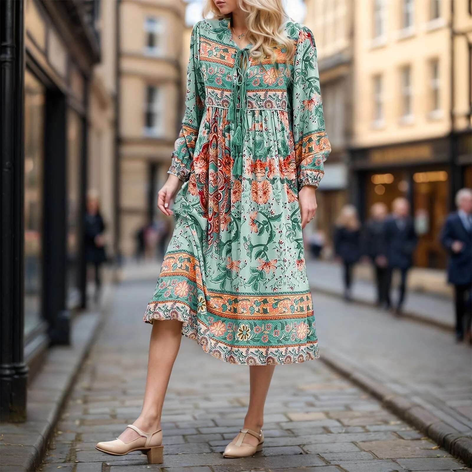 Dongdumaoyi Vintage Chic Women Tie Neck Long Sleeve Floral Porcelain Print Beach Bohemian Maxi Dresses Ladies Rayon Cotton Boho Dress Robe