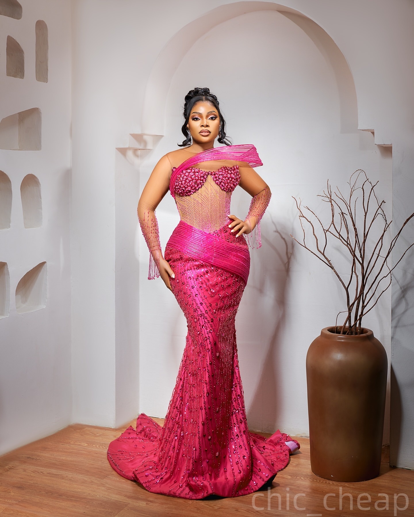 Fuchsia Mermaid Plus Size Prom Dresses 2025 Beaded Sequined Full Sleeves Evening Formal Party Second Birthday Engagement Gowns Dress For Special Occas