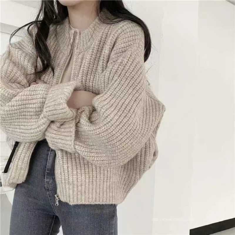 Autumn Elegant Cardigan Zipper Knitwear Winter New Womens Crew Neck Knitted Long sleeved Sweater Solid Color Casual TopT251125