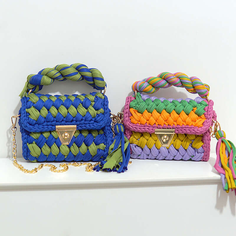 designer Hot Sale Woven Color-Block Handmade DIY Finished Fabric Strip Yarn Crochet Crossbody Bag