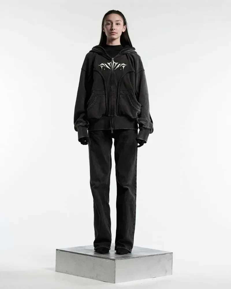 Y2K Harajuku Ninja Zipper Hoodie Oversized Embroidery Washed Double Hat Sweater American Streetwear Gothic Mens Top M250425