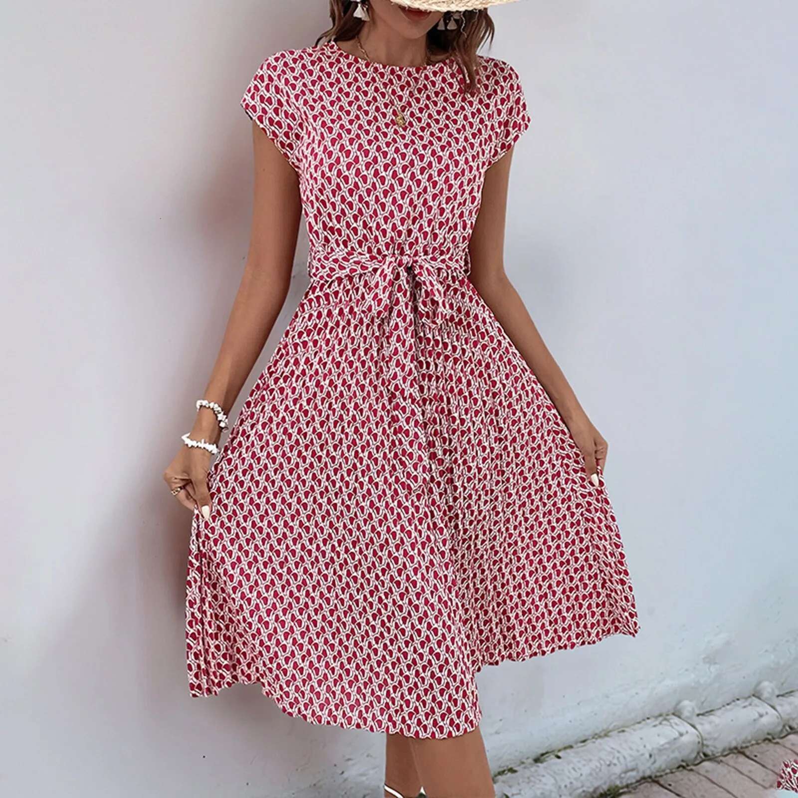 Dongdumaoyi Summer Bohemian Floral Women Dress Casual Wrap O Neck High Waist Ruffle Cap Sleeveless Slim A Line Pleated Hem Midi Dresses